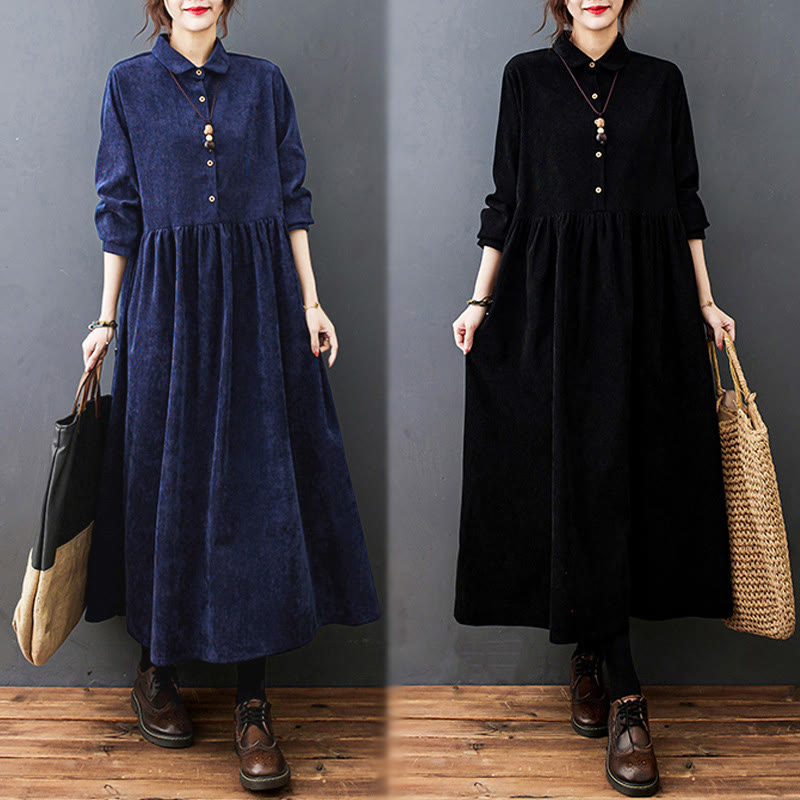 Buddha Stones Fall Buttons Design Long Sleeve Corduroy Midi Dress With Pockets - image 27