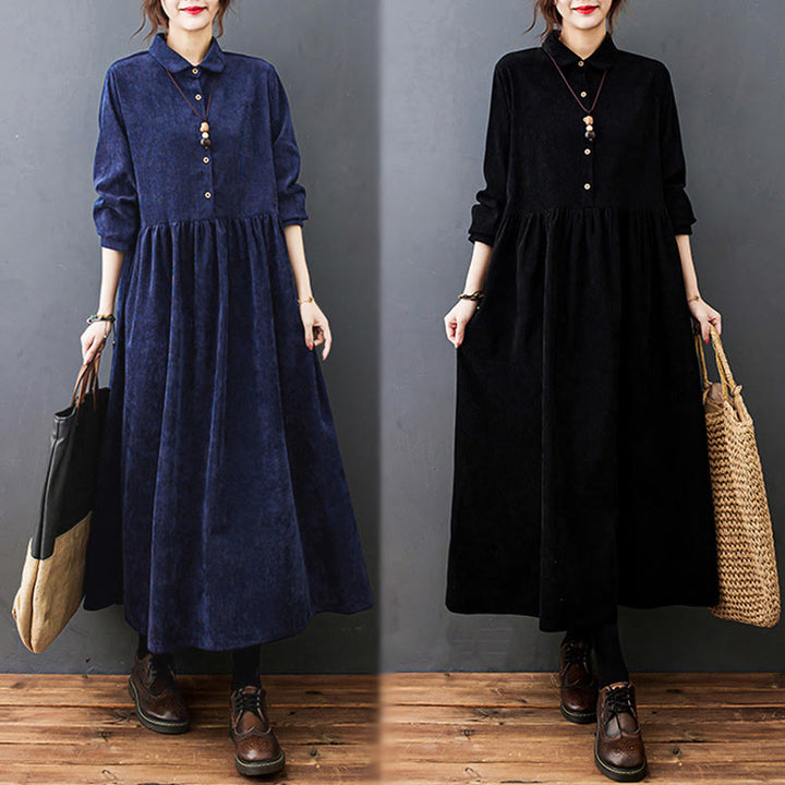 Buddha Stones Fall Buttons Design Long Sleeve Corduroy Midi Dress With Pockets - image 27