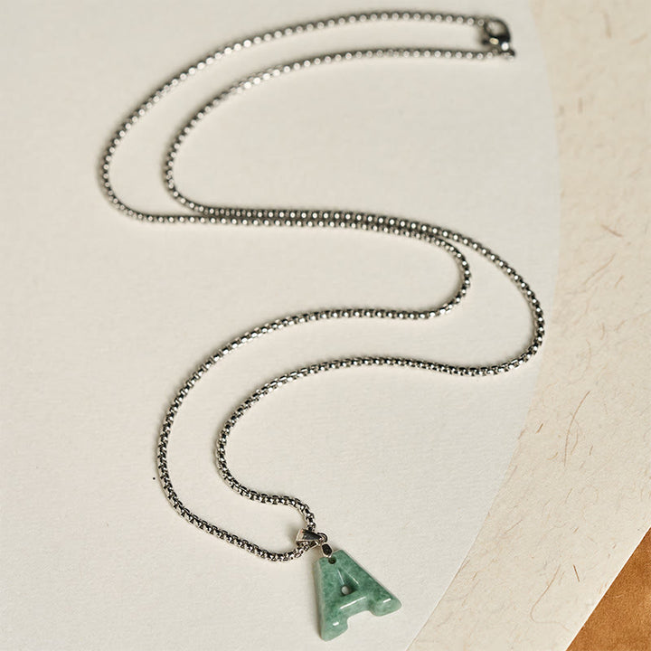 Buddha Stones Natural A-Z Letter Jade Titanium Steel Wide Chain Prosperity Necklace Pendant - image 4