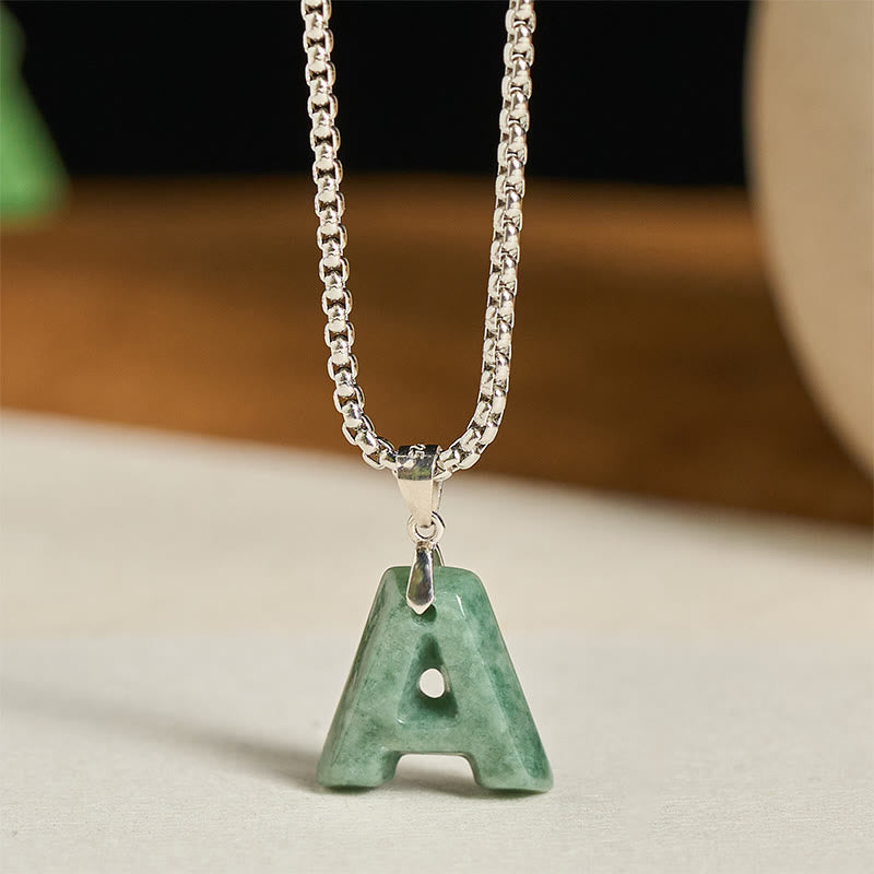 Buddha Stones Natural A-Z Letter Jade Titanium Steel Wide Chain Prosperity Necklace Pendant - A - image 1