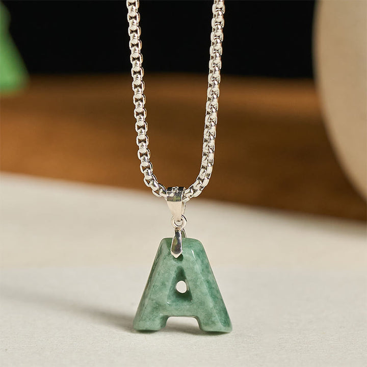 Buddha Stones Natural A-Z Letter Jade Titanium Steel Wide Chain Prosperity Necklace Pendant - A - image 1