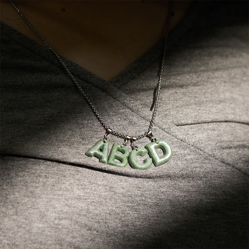 Buddha Stones Natural A-Z Letter Jade Titanium Steel Wide Chain Prosperity Necklace Pendant - image 40