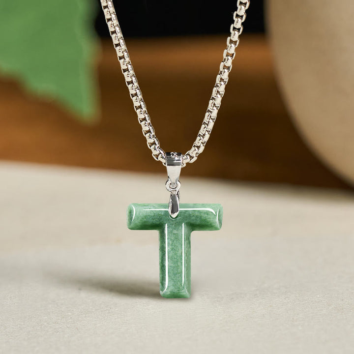 Buddha Stones Natural A-Z Letter Jade Titanium Steel Wide Chain Prosperity Necklace Pendant - T - image 28