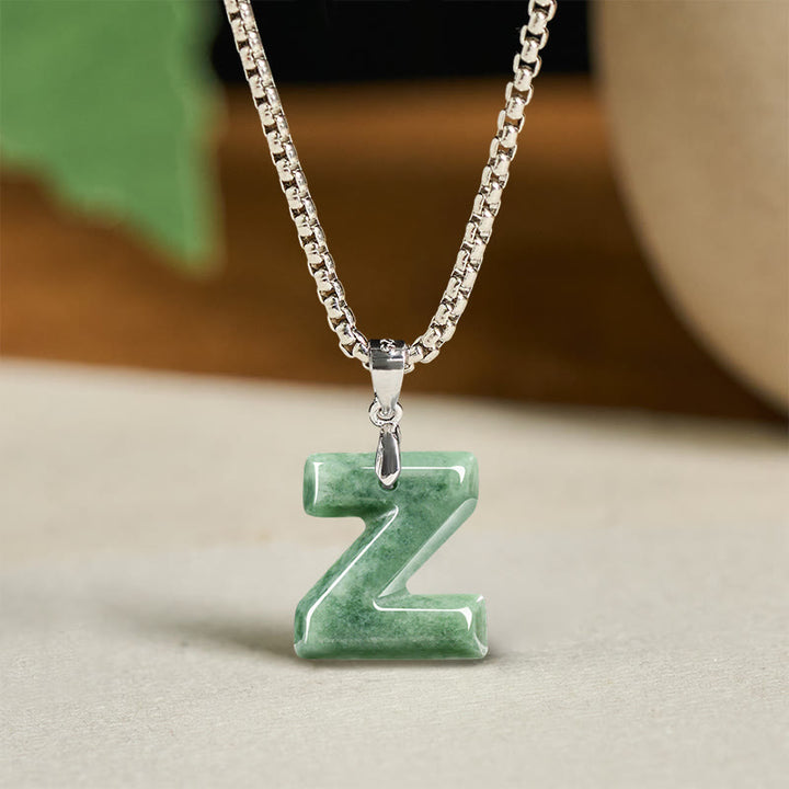 Buddha Stones Natural A-Z Letter Jade Titanium Steel Wide Chain Prosperity Necklace Pendant - Z - image 34