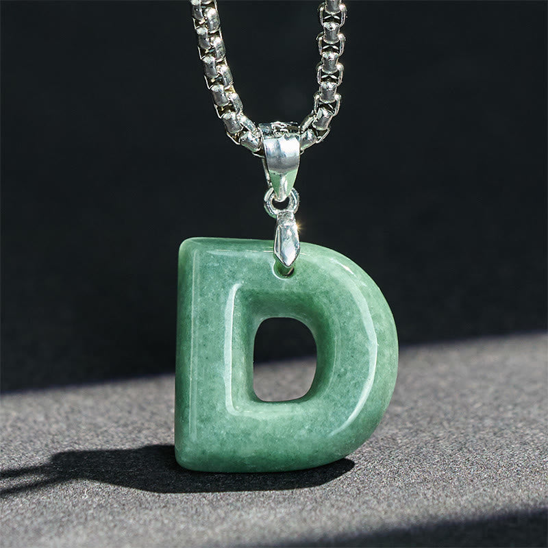 Buddha Stones Natural A-Z Letter Jade Titanium Steel Wide Chain Prosperity Necklace Pendant - image 12