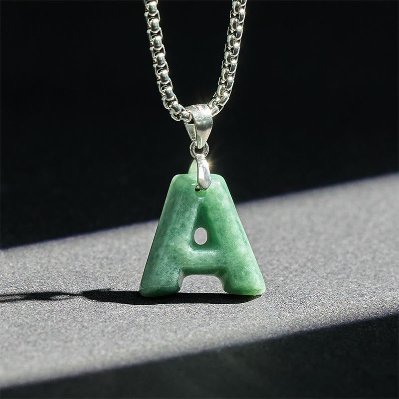Buddha Stones Natural A-Z Letter Jade Titanium Steel Wide Chain Prosperity Necklace Pendant - image 2