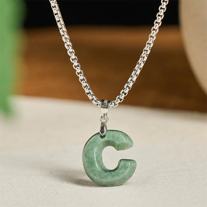 Buddha Stones Natural A-Z Letter Jade Titanium Steel Wide Chain Prosperity Necklace Pendant - image 9