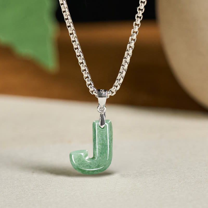 Buddha Stones Natural A-Z Letter Jade Titanium Steel Wide Chain Prosperity Necklace Pendant - J - image 18