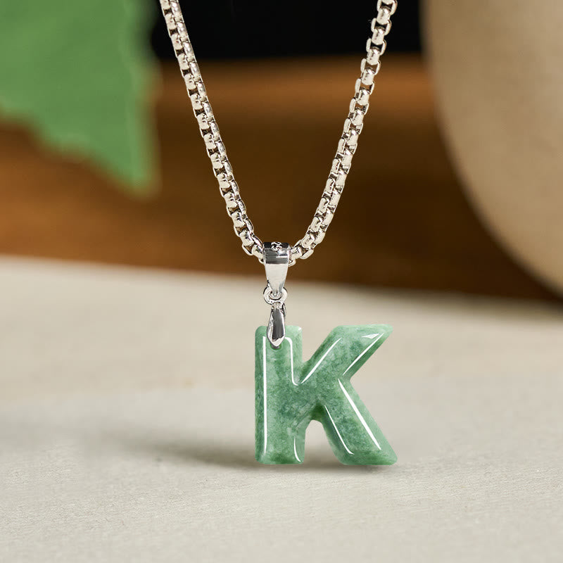 Buddha Stones Natural A-Z Letter Jade Titanium Steel Wide Chain Prosperity Necklace Pendant - K - image 19