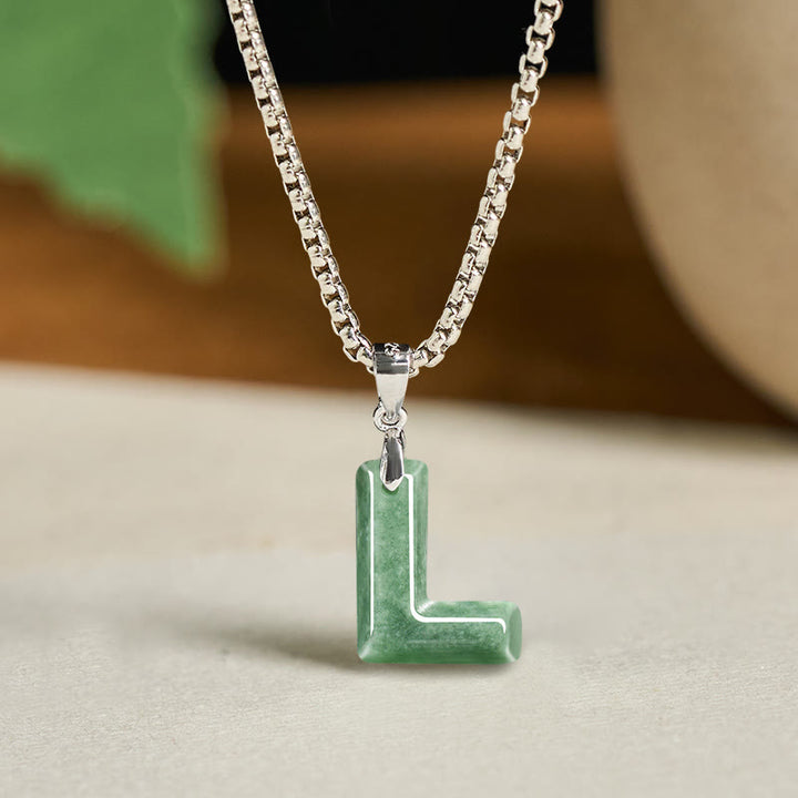 Buddha Stones Natural A-Z Letter Jade Titanium Steel Wide Chain Prosperity Necklace Pendant - L - image 20