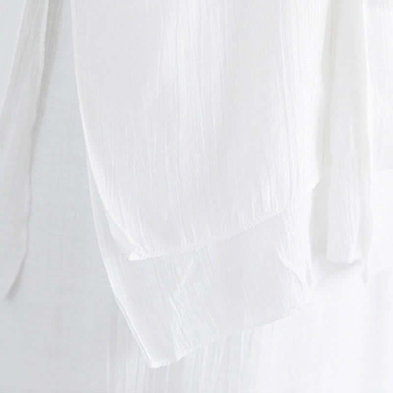 Buddha Stones 2Pcs Solid Color White Frog-Button Three Quarter Sleeve Shirt Wide Leg Pants Meditation Zen Clothing Women's Set - image 13