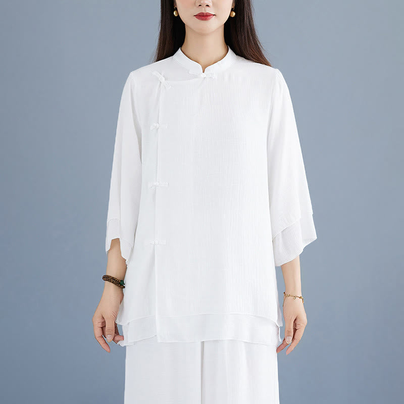 Buddha Stones 2Pcs Solid Color White Frog-Button Three Quarter Sleeve Shirt Wide Leg Pants Meditation Zen Clothing Women's Set - image 7