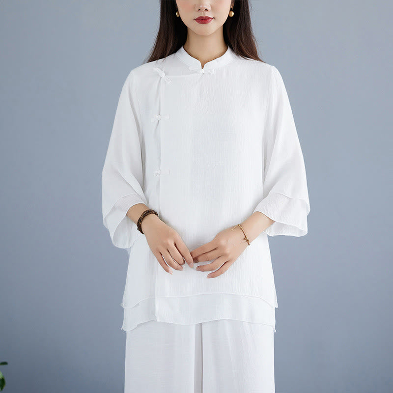 Buddha Stones 2Pcs Solid Color White Frog-Button Three Quarter Sleeve Shirt Wide Leg Pants Meditation Zen Clothing Women's Set - image 5