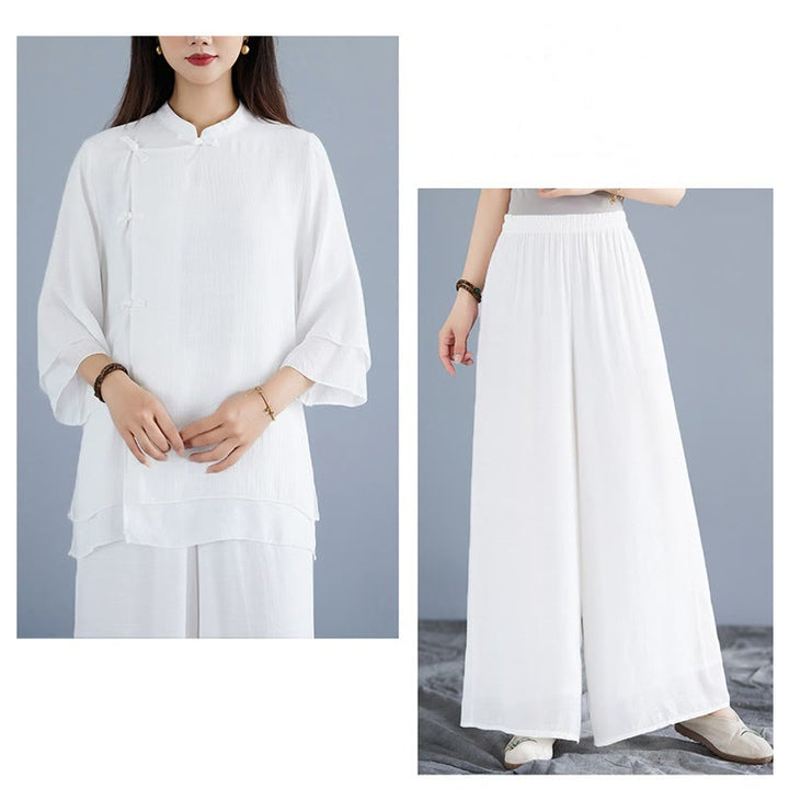 Buddha Stones 2Pcs Solid Color White Frog-Button Three Quarter Sleeve Shirt Wide Leg Pants Meditation Zen Clothing Women's Set - image 9