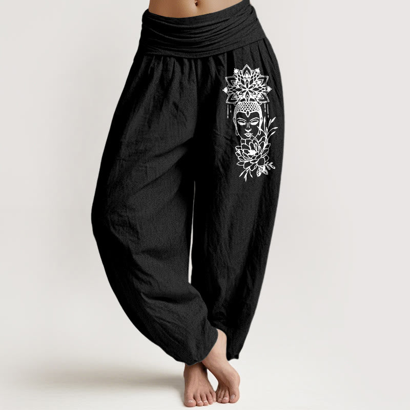 Buddha Stones Pure Cotton Simple Buddha Image Lotus Pattern Women's Elastic Waist Harem Pants - Black - US16，UK/AU20，EU48 (3XL) - image 5