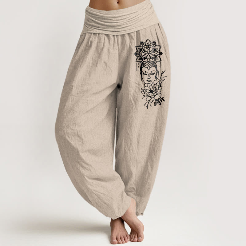 Buddha Stones Pure Cotton Simple Buddha Image Lotus Pattern Women's Elastic Waist Harem Pants - Tan - US16，UK/AU20，EU48 (3XL) - image 11
