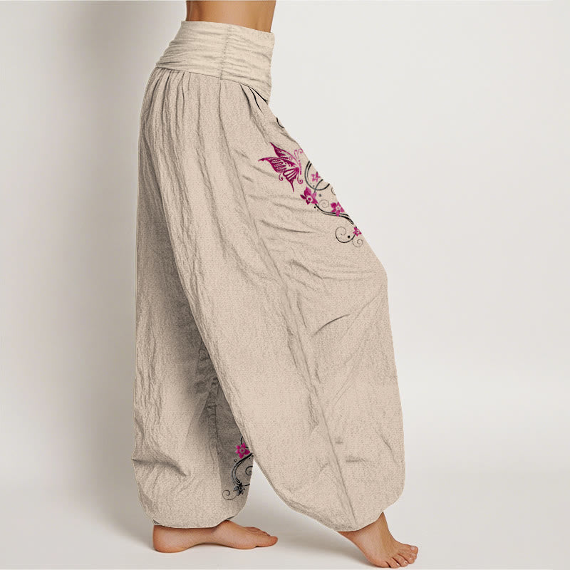 Buddha Stones Pure Cotton Softly Colored Butterfly Flower Vine Pattern Women's Elastic Waist Harem Pants - image 13