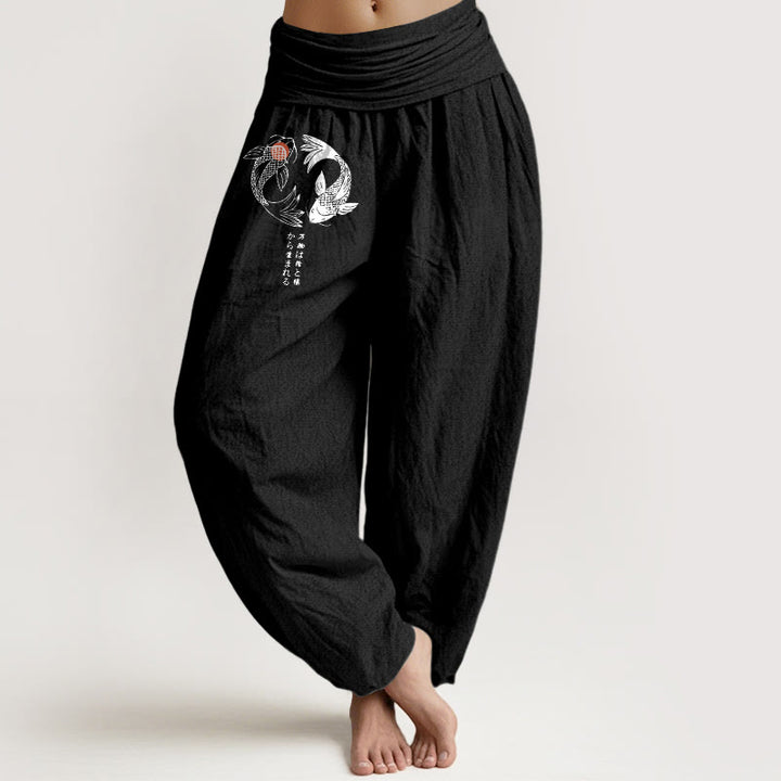 Buddha Stones Pure Cotton Koi Fish Pattern Women's Elastic Waist Harem Pants - Black - US16，UK/AU20，EU48 (3XL) - image 5