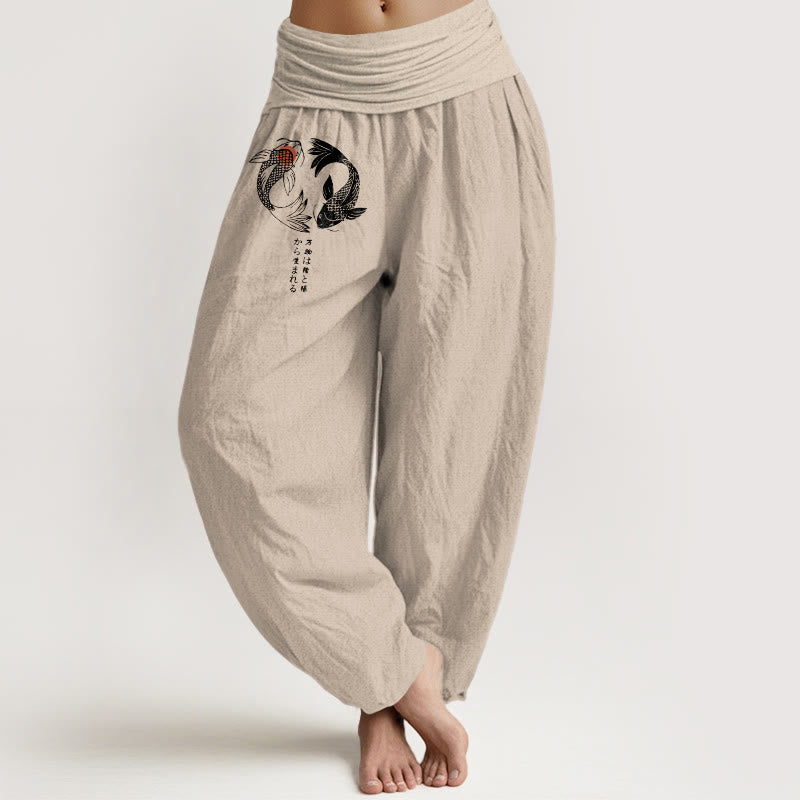 Buddha Stones Pure Cotton Koi Fish Pattern Women's Elastic Waist Harem Pants - Tan - US16，UK/AU20，EU48 (3XL) - image 11