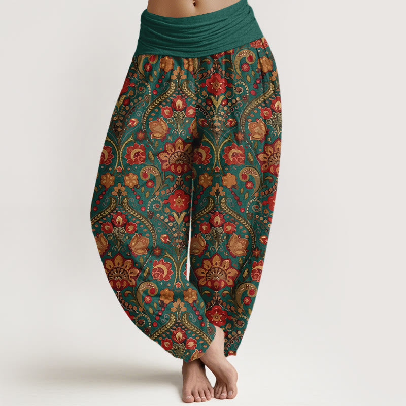 Buddha Stones Cotton Colorful Flower Leaf Scroll Pattern Women's Elastic Waist Harem Pants - Teal - US16，UK/AU20，EU48 (3XL) - image 8