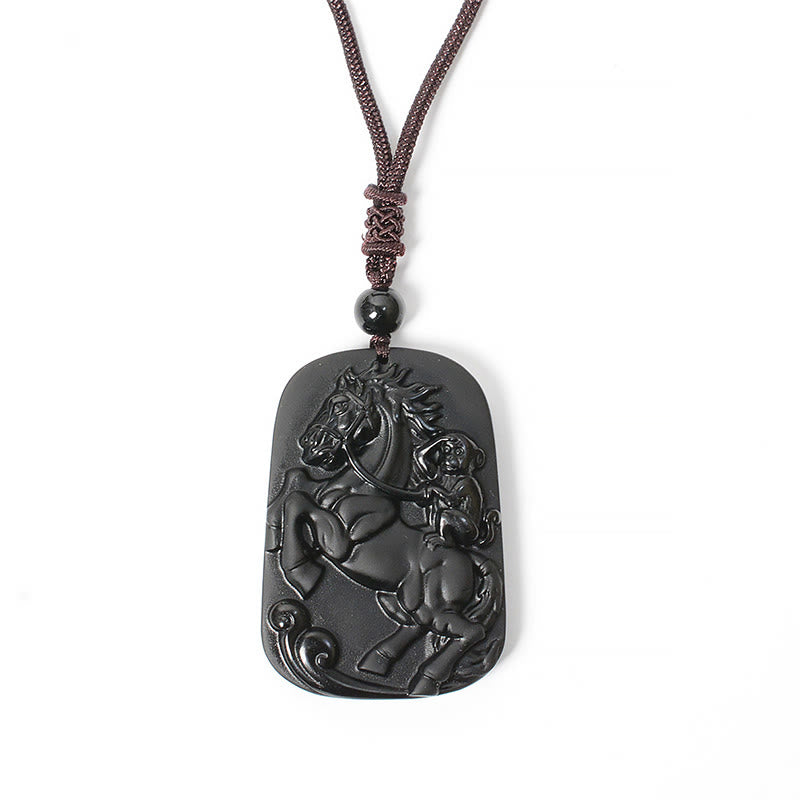 Buddha Stones Year of the Horse Monkey Pattern Om Mani Padme Hum Black Obsidian Strength Necklace Pendant - image 16