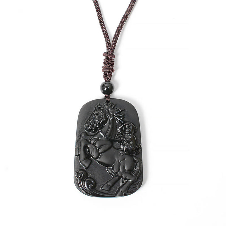 Buddha Stones Year of the Horse Monkey Pattern Om Mani Padme Hum Black Obsidian Strength Necklace Pendant - image 16