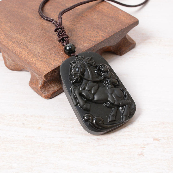 Buddha Stones Year of the Horse Monkey Pattern Om Mani Padme Hum Black Obsidian Strength Necklace Pendant - image 14