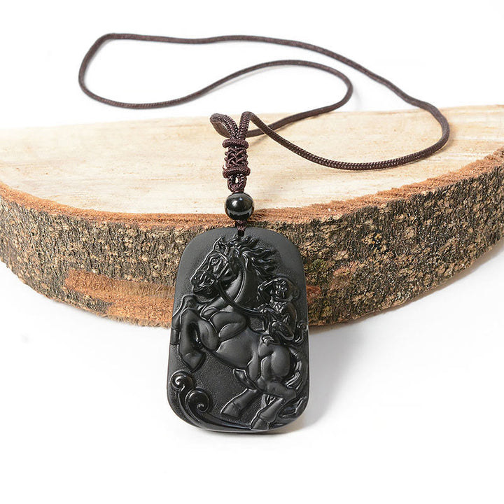 Buddha Stones Year of the Horse Monkey Pattern Om Mani Padme Hum Black Obsidian Strength Necklace Pendant - image 10