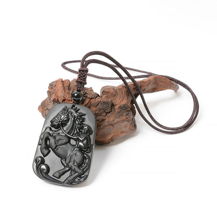 Buddha Stones Year of the Horse Monkey Pattern Om Mani Padme Hum Black Obsidian Strength Necklace Pendant - image 15
