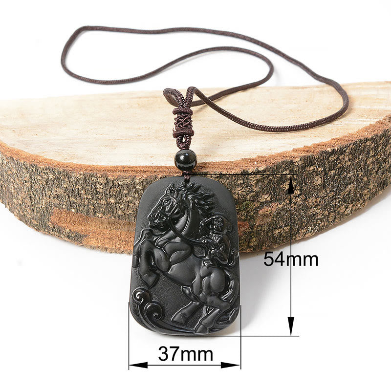 Buddha Stones Year of the Horse Monkey Design Black Obsidian Purification Necklace Pendant - Horse&Monkey - image 1