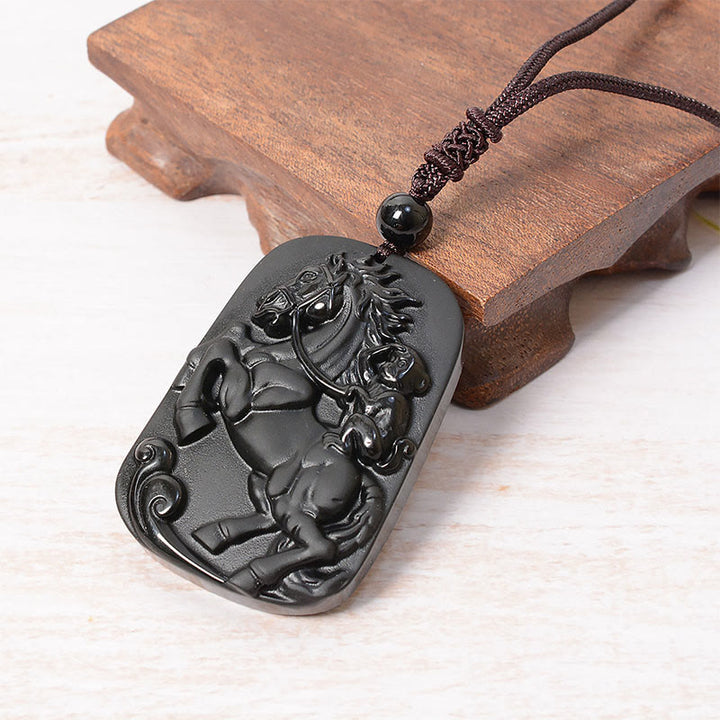 Buddha Stones Year of the Horse Monkey Pattern Om Mani Padme Hum Black Obsidian Strength Necklace Pendant - image 13