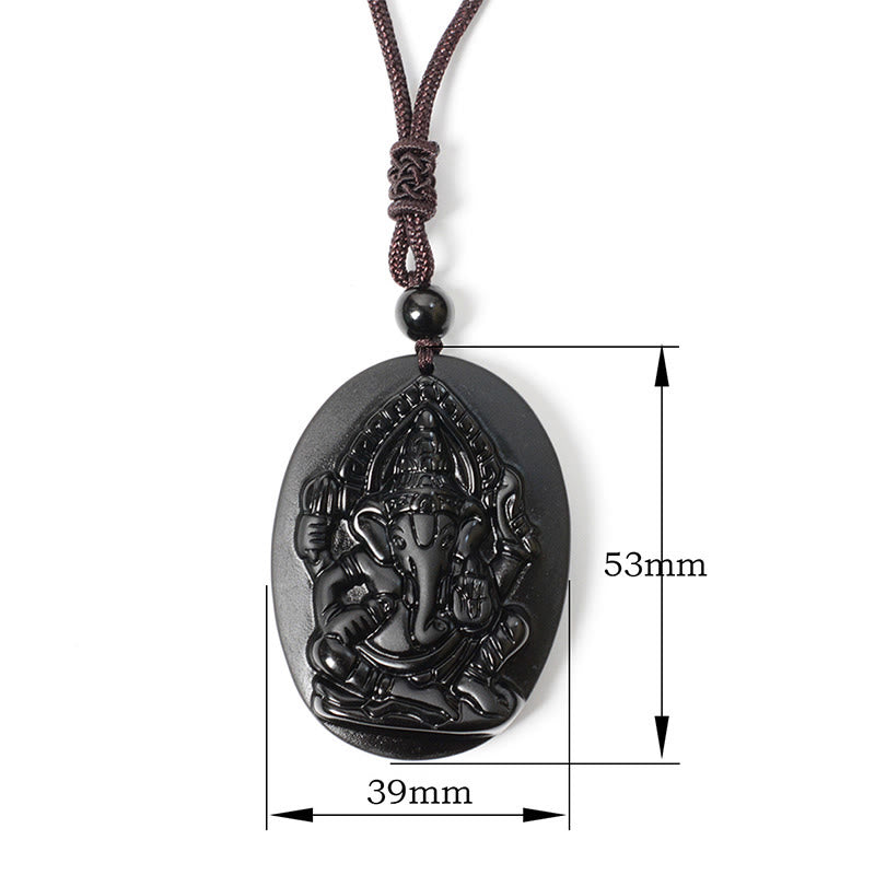 Buddha Stones Ganesh Elephant Relief Design Natural Black Obsidian Strength Necklace Pendant - image 9