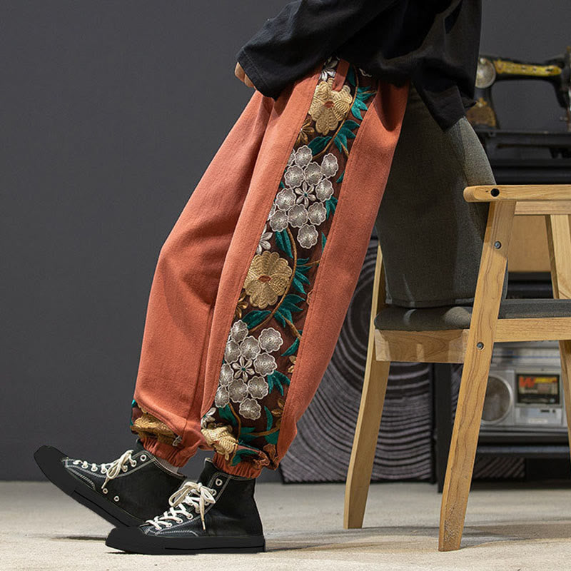 Buddha Stones Spring Men's Embroidered Flower Pattern Patchwork Cotton Pants With Pockets - image 7