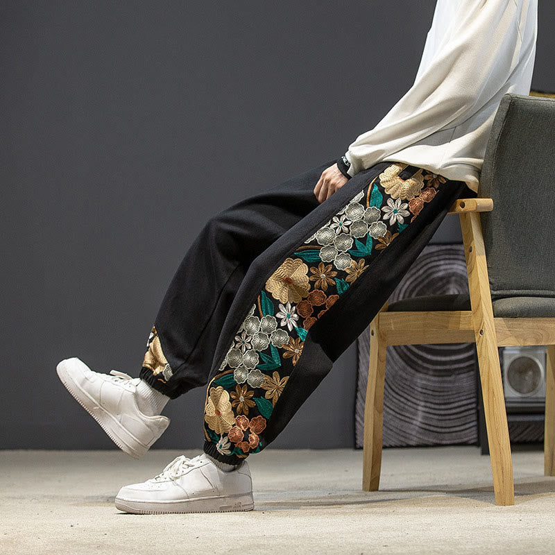 Buddha Stones Spring Men's Embroidered Flower Pattern Patchwork Cotton Pants With Pockets - Black - US/UK/AU46，EU56 (5XL) - image 0