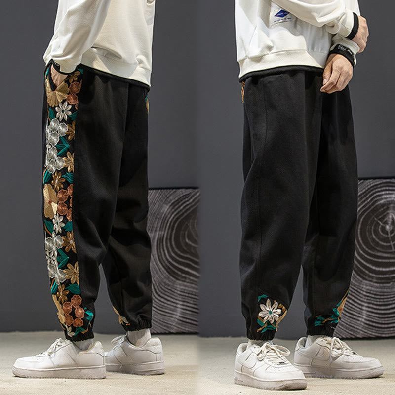 Buddha Stones Spring Men's Embroiderd Flower Pattern Patchwork Cotton Pants With Pockets - image 4