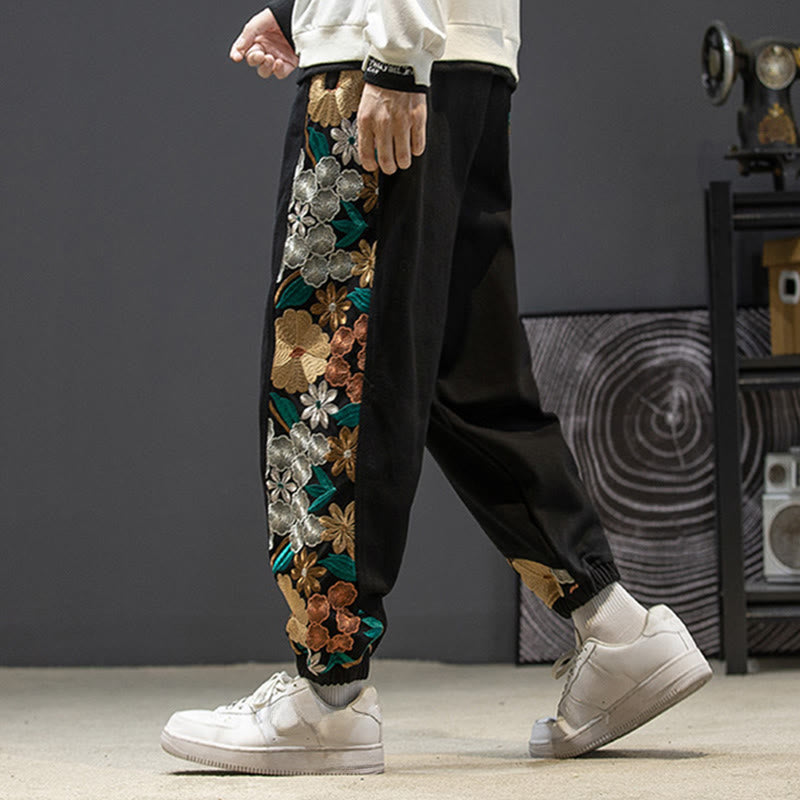 Buddha Stones Spring Men's Embroiderd Flower Pattern Patchwork Cotton Pants With Pockets - image 2