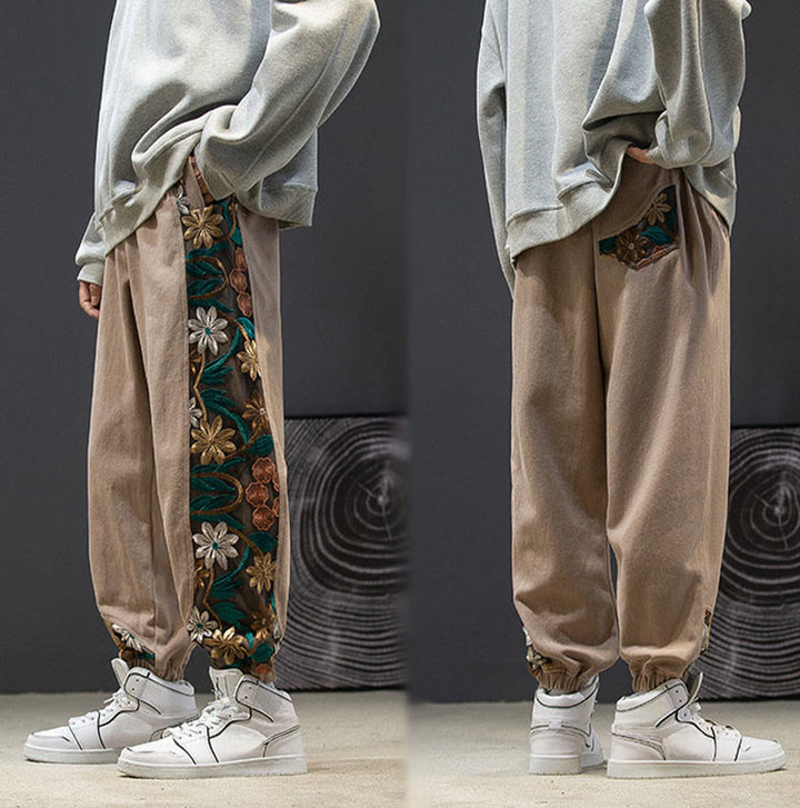 Buddha Stones Spring Men's Embroidered Flower Pattern Patchwork Cotton Pants With Pockets - image 19