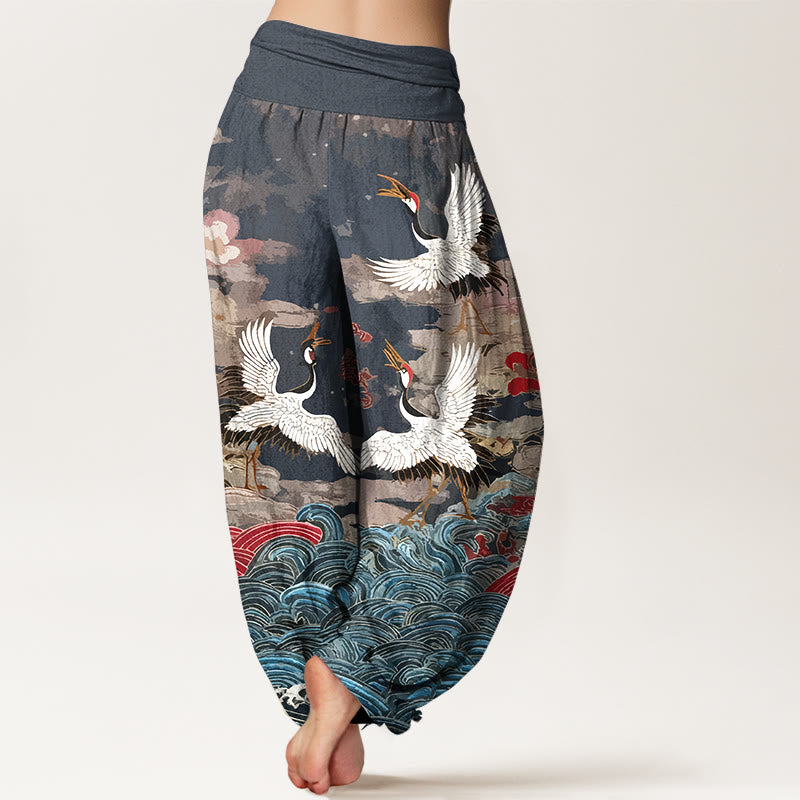 Buddha Stones Cotton Classic Crane Waves Cloud Pattern Women's Elastic Waist Harem Pants - image 1