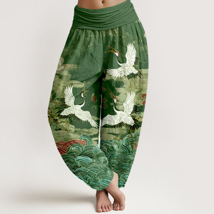 Buddha Stones Cotton Classic Crane Waves Cloud Pattern Women's Elastic Waist Harem Pants - Green - US16，UK/AU20，EU48 (3XL) - image 5