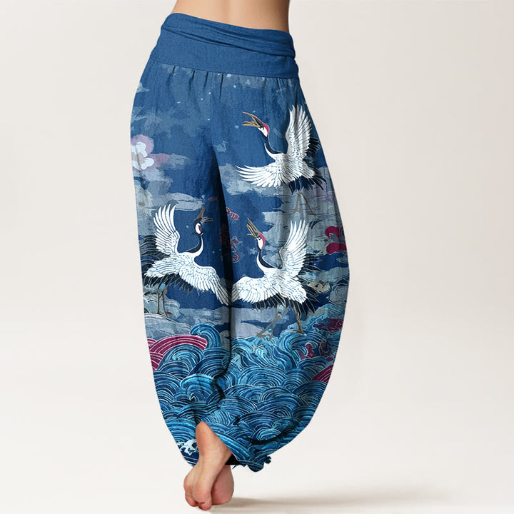 Buddha Stones Cotton Classic Crane Waves Cloud Pattern Women's Elastic Waist Harem Pants - image 9
