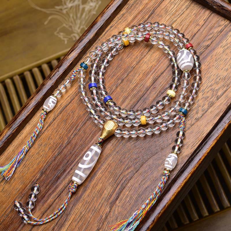 Buddha Stones 108 Beads Liuli Crystal Dzi Bead Agate Blessings Tassel Mala - Two-eyed Dzi bead - 6mm - image 13