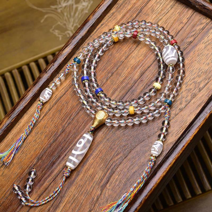 Buddha Stones 108 Beads Liuli Crystal Dzi Bead Agate Blessings Tassel Mala - Two-eyed Dzi bead - 6mm - image 13