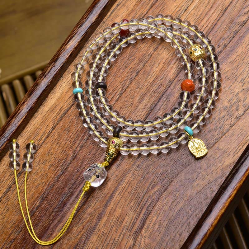 Buddha Stones 108 Beads Liuli Crystal Dzi Bead Agate Blessings Tassel Mala - Yellow Rope Copper Charm - 6mm - image 15