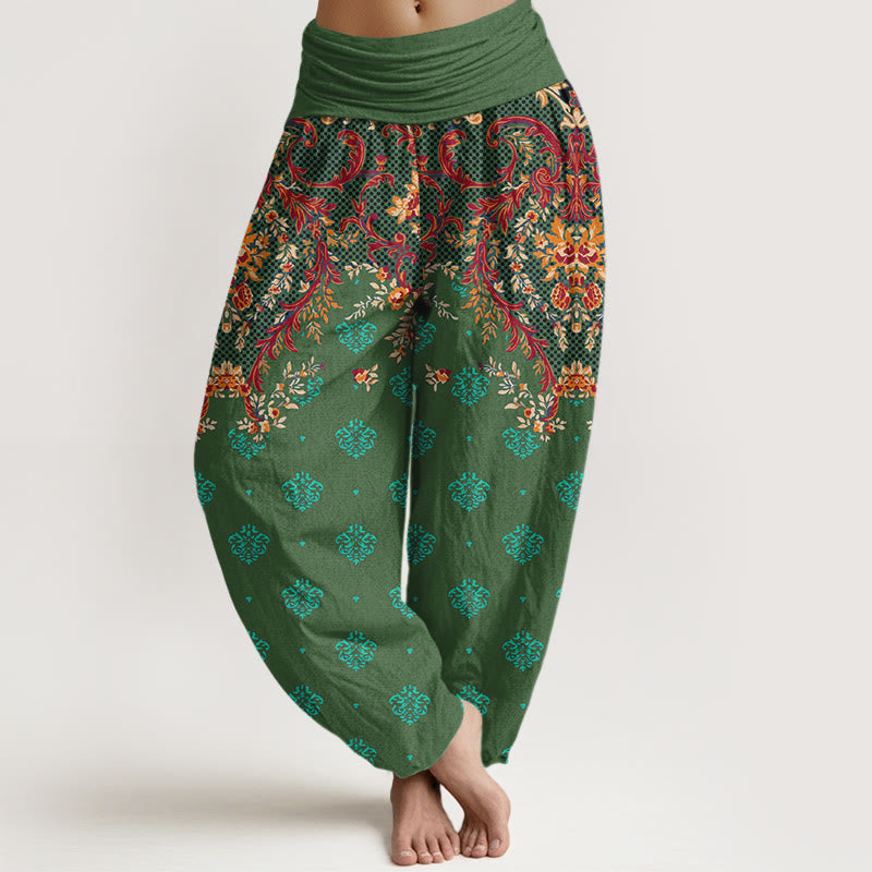 Buddha Stones Cotton Symmetrical Leaf  Scroll Pattern Women's Elastic Waist Harem Pants - Green - US16，UK/AU20，EU48 (3XL) - image 8