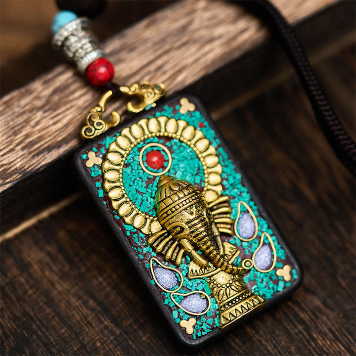 Buddha Stones Tibetan Ganesh Ganpati Elephant Ebony Wood Rope Peace Necklace Pendant - A Style - image 0