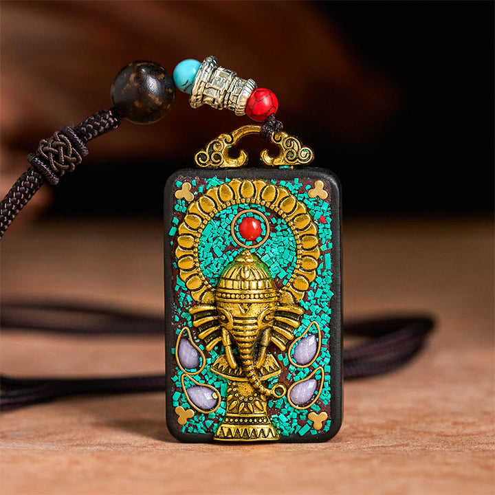 Buddha Stones Tibetan Ganesh Ganpati Elephant Ebony Wood Rope Peace Necklace Pendant - image 3