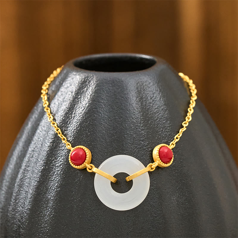 Buddha Stones Peace Buckle Hetian White Jade Copper Plated Gold Protection Bracelet - image 3