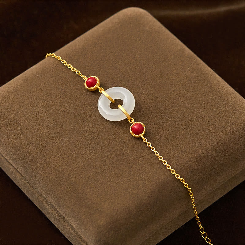 Buddha Stones Peace Buckle Hetian White Jade Copper Plated Gold Protection Bracelet - image 2