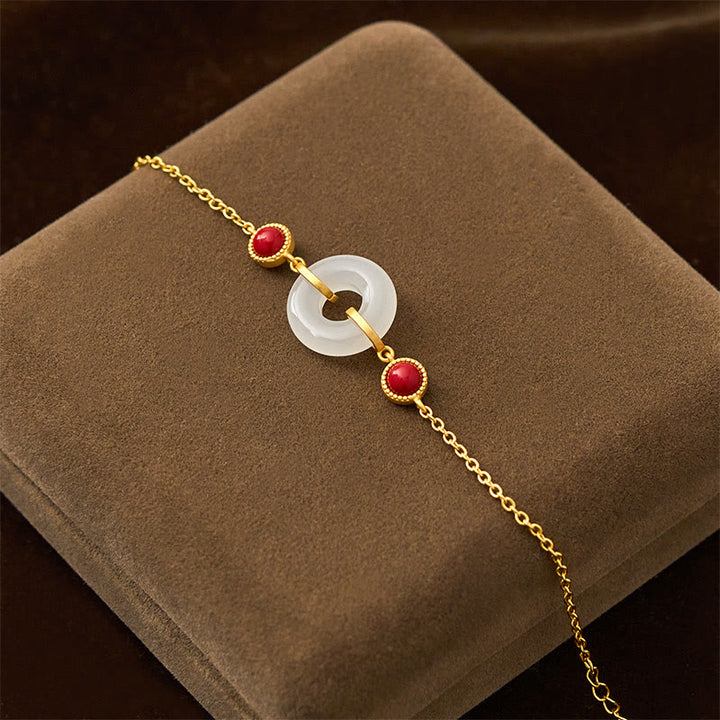 Buddha Stones Peace Buckle Hetian White Jade Copper Plated Gold Protection Bracelet - image 2