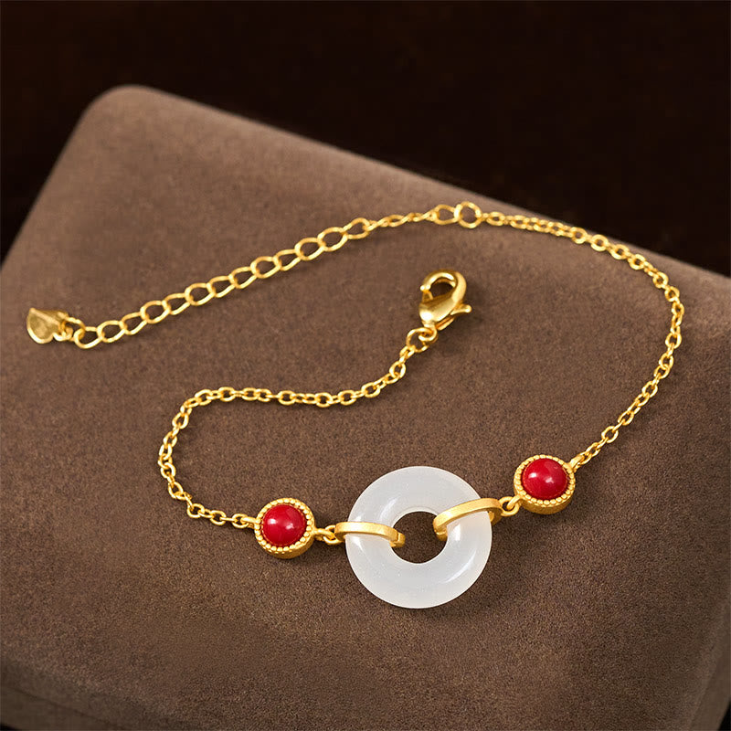 Buddha Stones Peace Buckle Hetian White Jade Copper Plated Gold Protection Bracelet - image 1